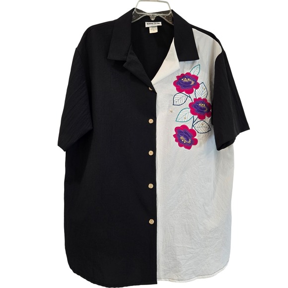 Vintage Womens 1X Floral Embroidered Cottagecore Artsy Boho Chic‎ Black Shirt - Picture 1 of 6